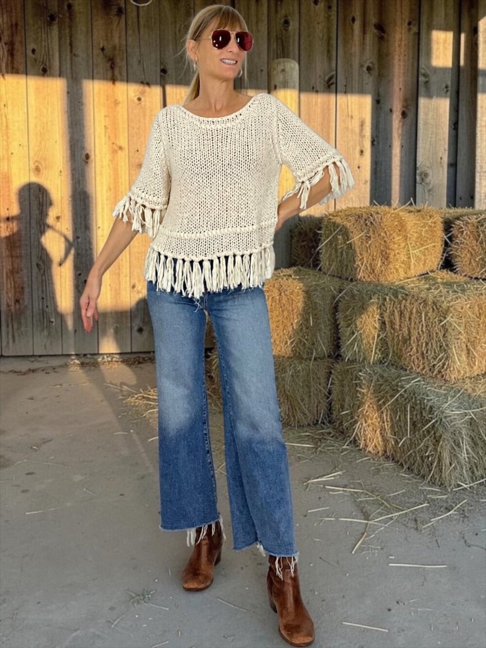 Free People On the Fringe Pullover Sweater L Cream Cropped Crochet Fall